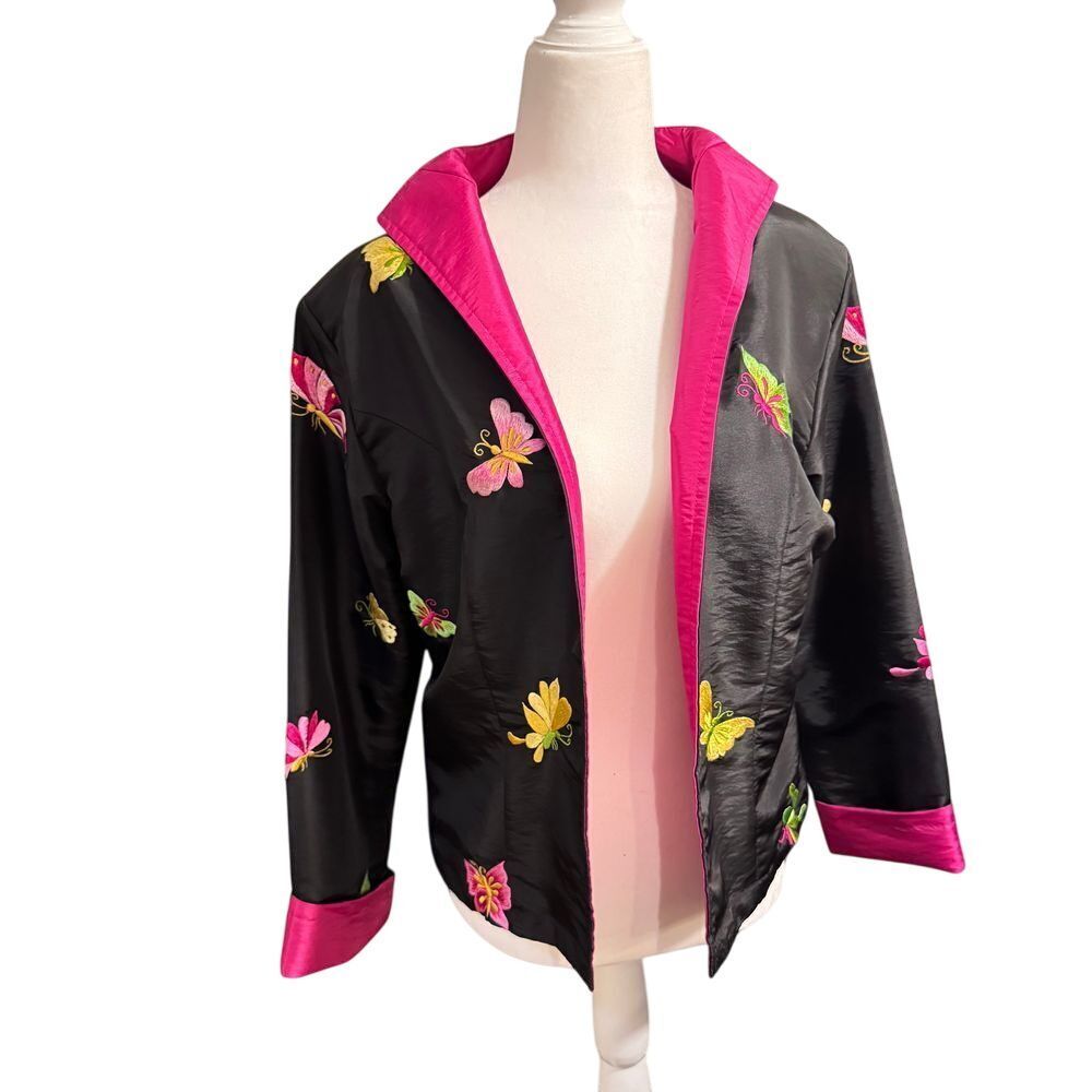 Vintage Black Silk Butterfly Embroidered Asian Style Jacket Hot Pink Trim sm/med